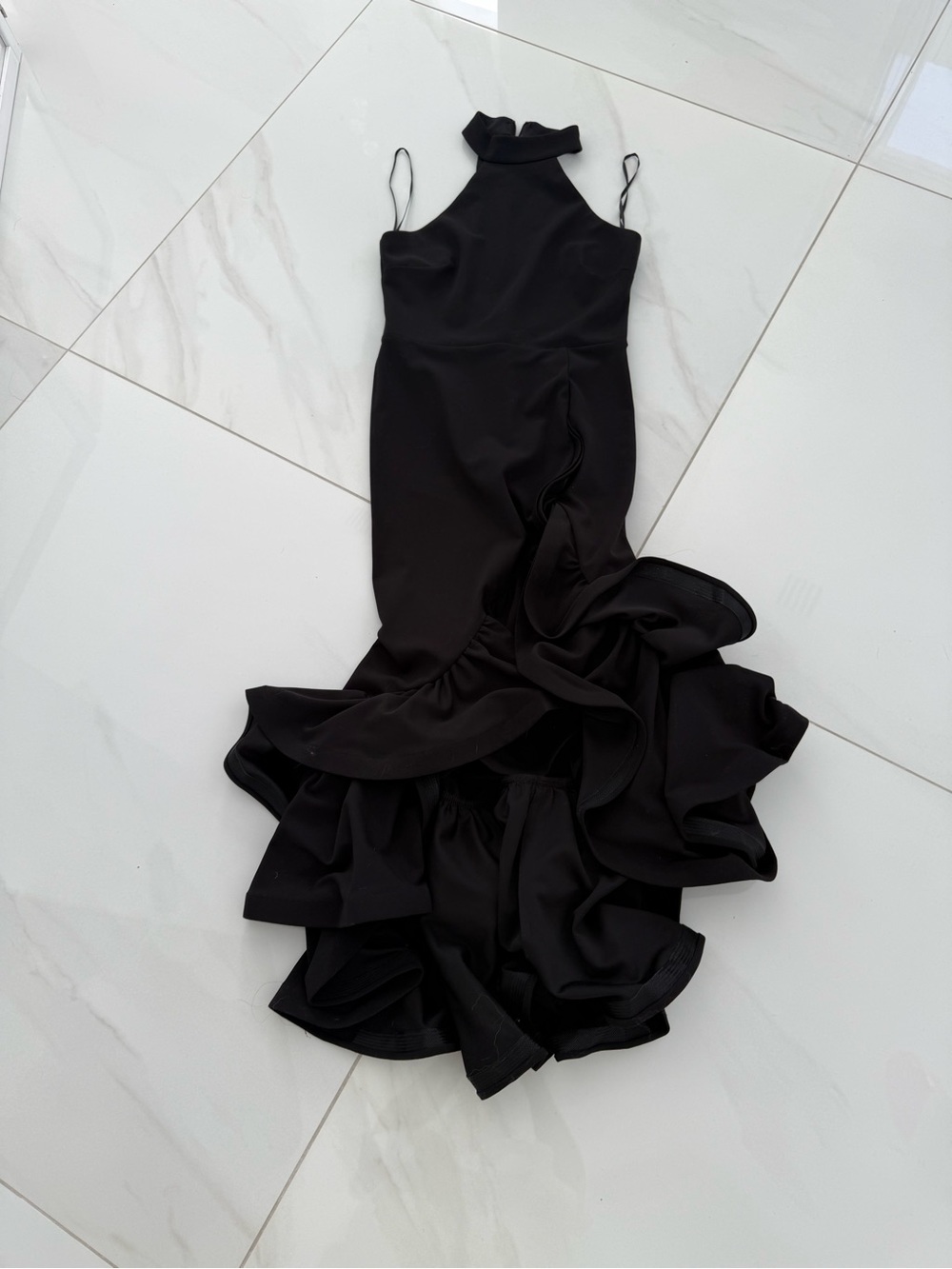 Aqua Black Halter High-Low Ruffle Gown - Picture 6 of 6